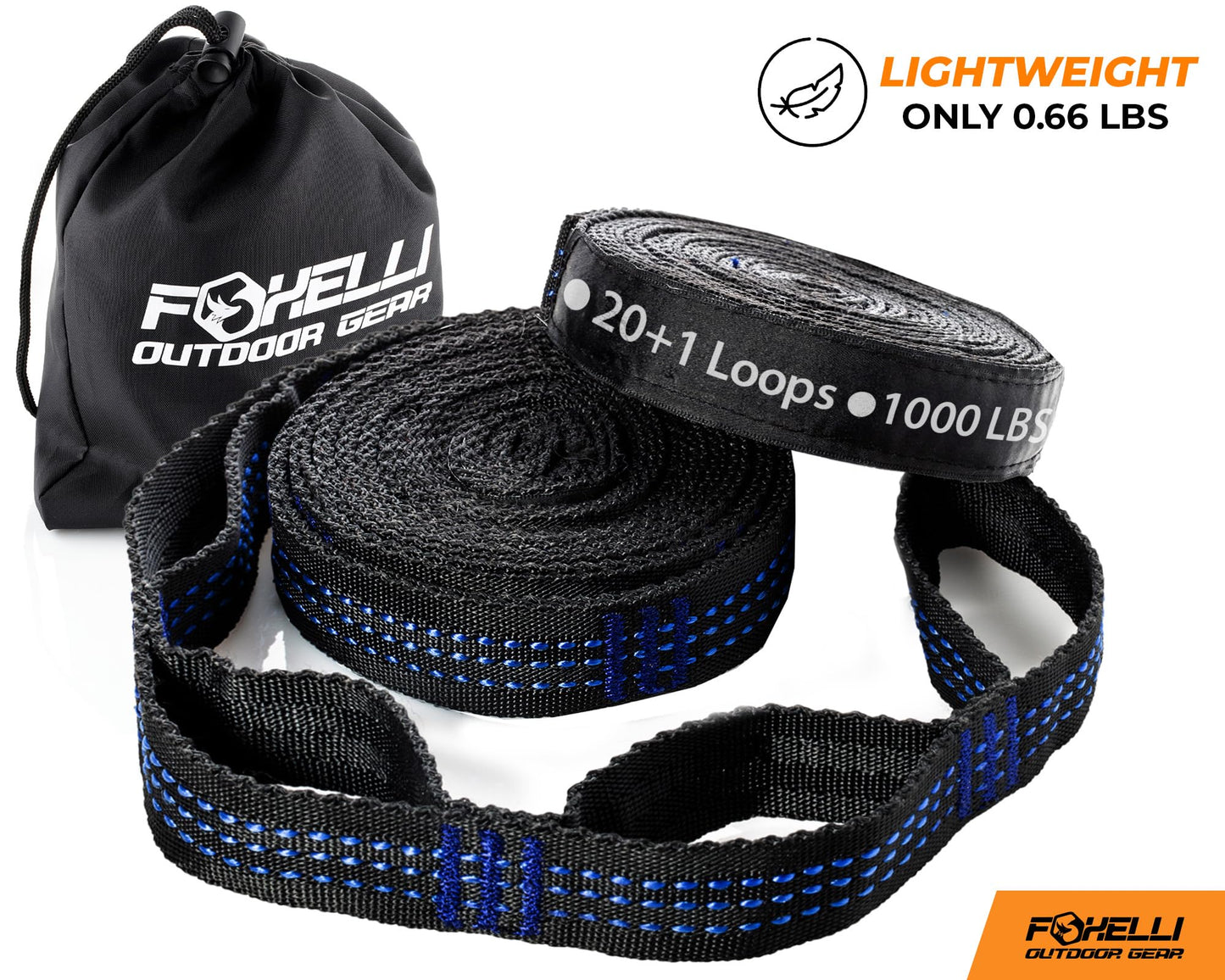 Foxelli XL Hammock Straps - Extra Long 20FT Heavy Duty No-Stretch Suspension System, 40+2 Loops, 2000 LBS Capacity, for Indoor/Outdoor Use – Set of 2 Straps & Carry Bag