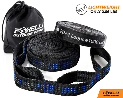 Foxelli XL Hammock Straps - Extra Long 20FT Heavy Duty No-Stretch Suspension System, 40+2 Loops, 2000 LBS Capacity, for Indoor/Outdoor Use – Set of 2 Straps & Carry Bag