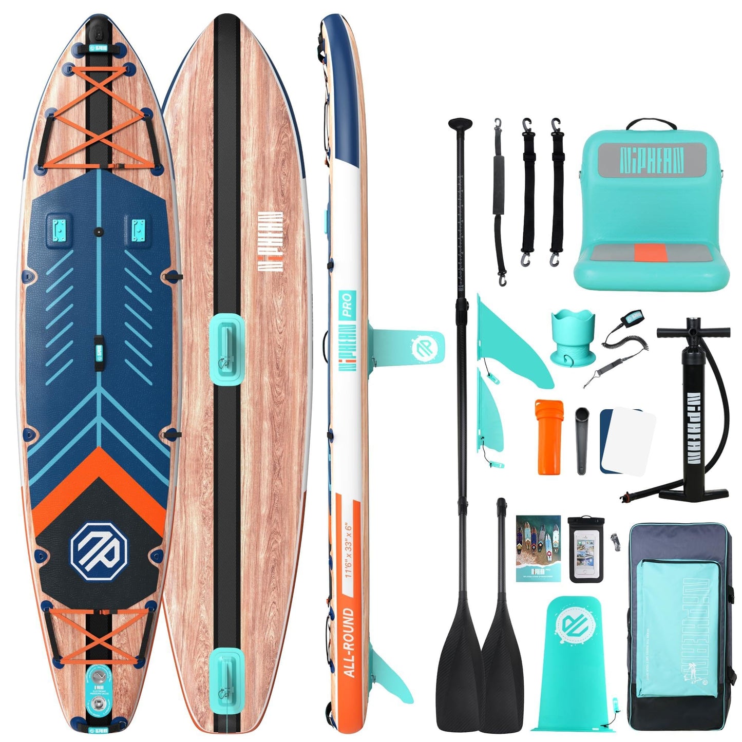Niphean PRO (Extra Large) Inflatable Paddle Board with Seat, 11'6"/12'6" Stand Up Paddle Board with Pressure Gauge, StabilTrac Fin, Upgraded All-Round/Touring SUP for Adult Adventures, 2+1 Person