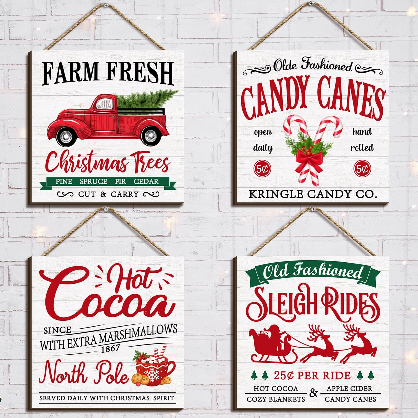 Pinkunn 4 Pieces Christmas Hanging Wooden Sign Christmas Wall Decorations Farm Fresh Hot Cocoa Candy Canes Sleigh Rides Deer Truck Decor Xmas Farmhouse Hanging Plaque for Home Porch Holiday