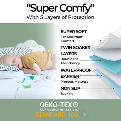 Hygge Sheets® Potty Training Bed Pads | 100% Waterproof | Bed Wetting Sheets for Single and Toddler Beds | Non Slip, Easy to Change at Night | Includes Free Children's E-Book | UK Brand | Dinosaur