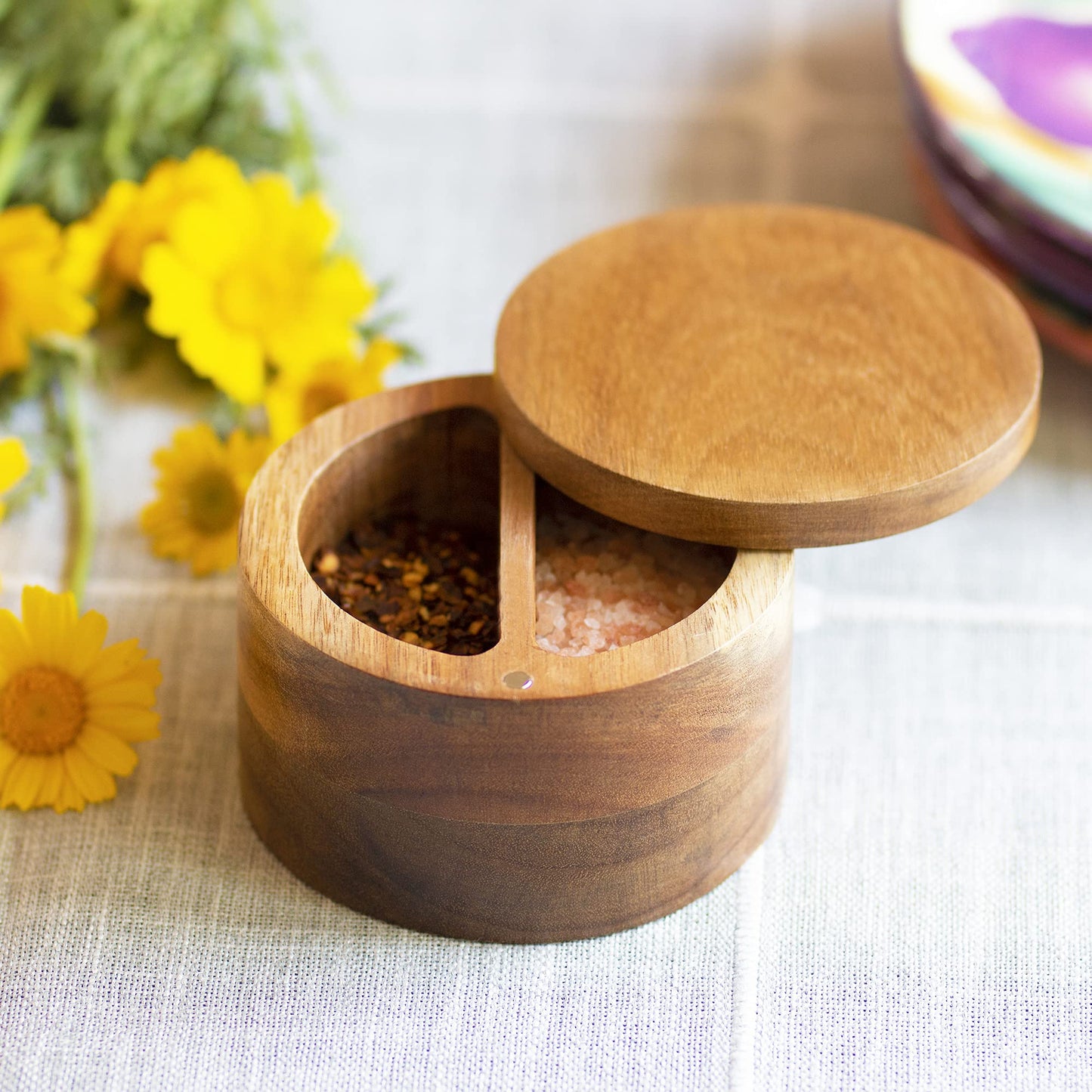 Totally Bamboo Rock & Branch Acacia Duet Salt and Pepper Bowl, Salt Cellar and Storage Box with Two Compartments, Magnetic Swivel Lid