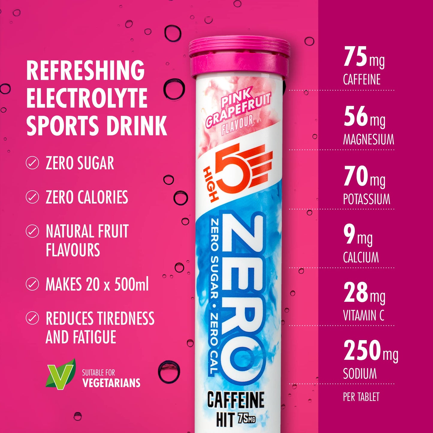 HIGH5 ZERO Caffeine Hit ElectrolyteTablets - Hydration Tablets with Vitamin C - 0 Calories & Sugar Free - Boost Hydration, Performance & Wellness - Pink Grapefruit, 160 Tablets (20x, Pack of 8)