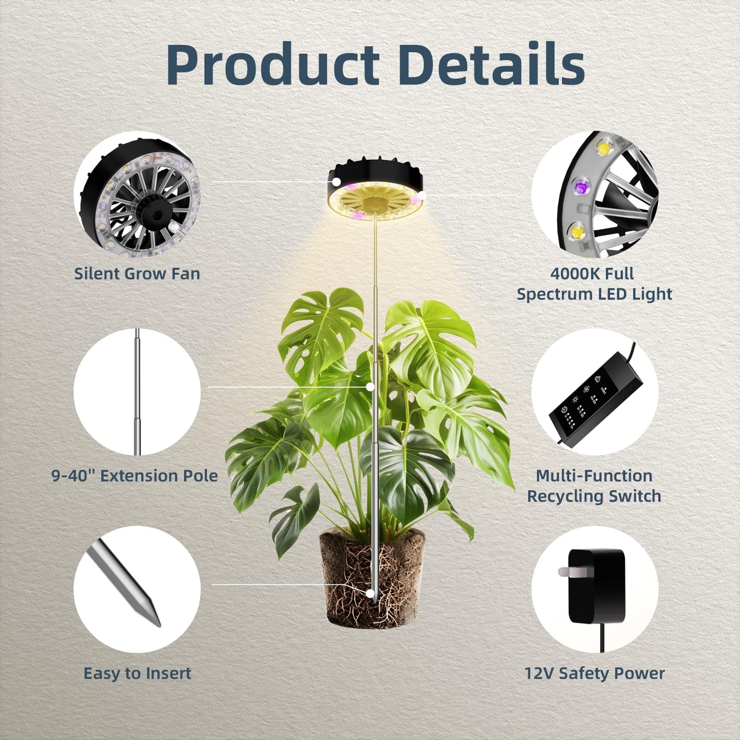 GISMIOSY Height Adjustable Grow Light for Indoor Potted Plants, Full Spectrum Plant Light with Fan, Metal Pole Stake Growing Lamp, CRI 90+, 2/4/8/12H Timer, Ideal for Tall Plants & Succulents 1 Pack