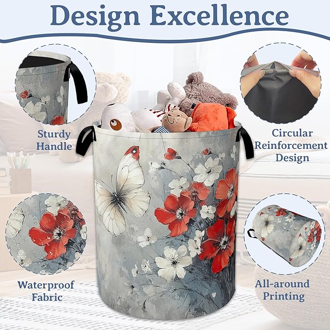 Butterfly Flowers Laundry Basket, Foldable Oxford Cloth Red Laundry Hamper