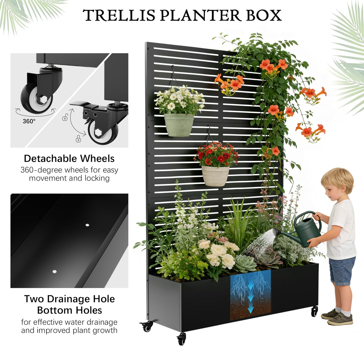 Baotree Metal Raised Garden Planter Bed, 72"x47"x16" Outdoor Planter Box with Trellis and Wheels for Climbing Plants, Vegetables & Vines, Features Drainage Holes and Privacy Screen (Black-Louvered)