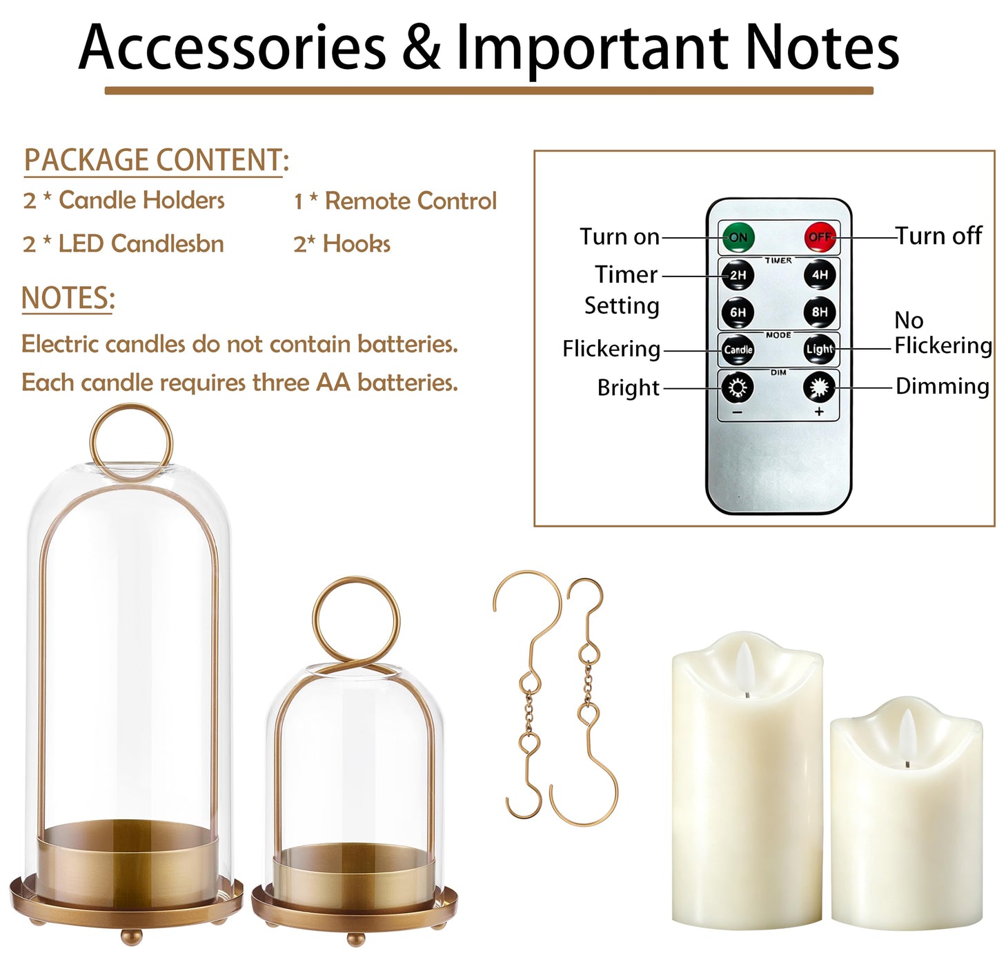 Gdfmsc Hurricane Metal & Glass Candle Holder Set of 2 with Timer Candles, Decorative Candlestick Pillar Holder with Clear Glass for Wedding Party Holiday Dining Table Centerpiece Lanter, Gold