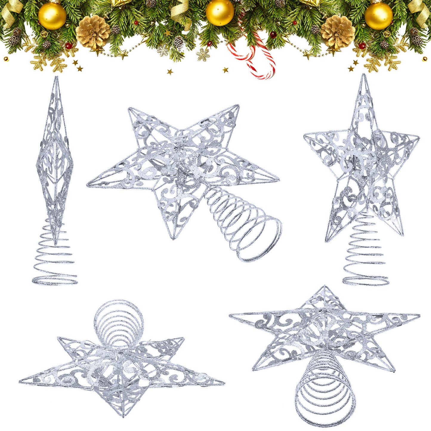 Blulu Christmas Star Tree Topper 10 Inch Glittered 3D Metal Star Treetop Topper Christmas Hollow Sequin Tree Decoration for Xmas Holiday Party Decoration Indoor(Silver)