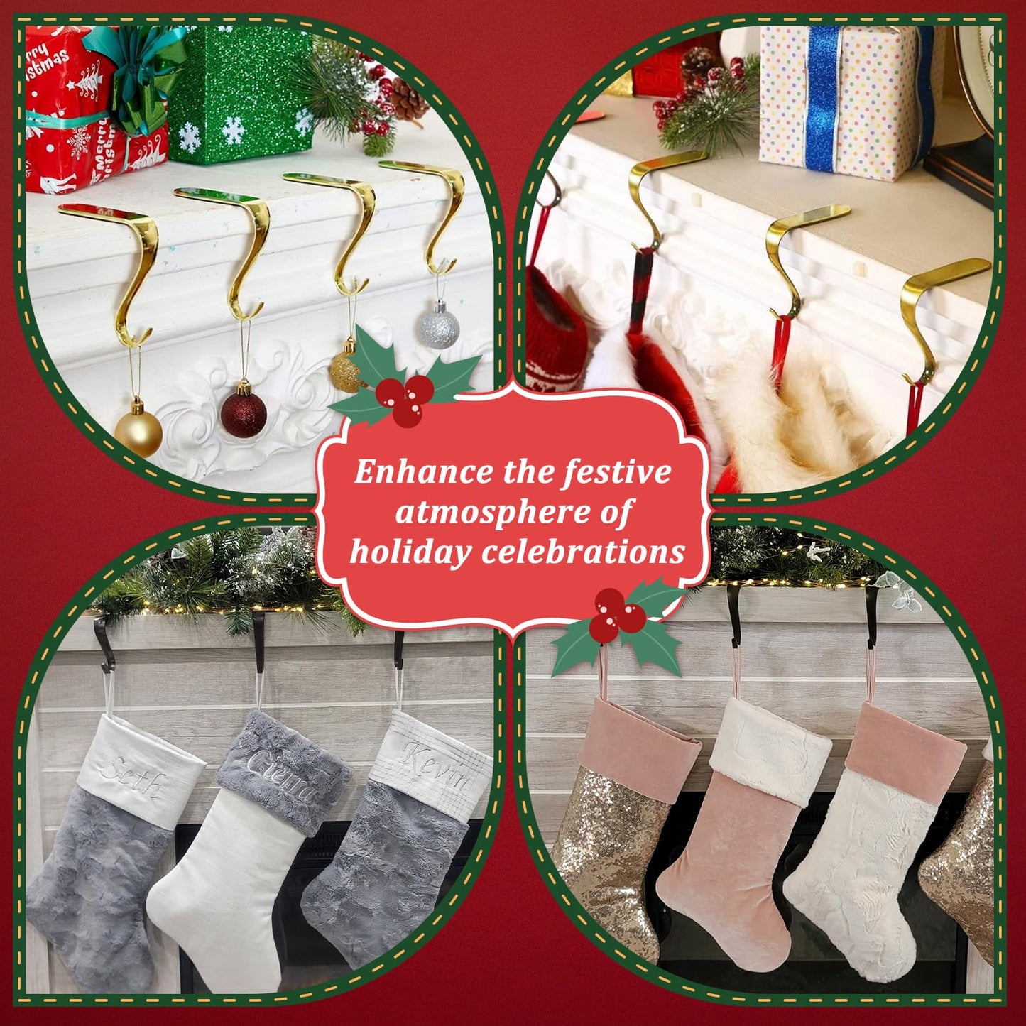 Edoneery Christmas Stocking Holders for Mantle with Silicone Anti-Slip Strips, Fireplace Stocking Hangers for Shelf, Garland Grips Hooks for Xmas & Family Party Decoration (Black 6 Pack, 6)