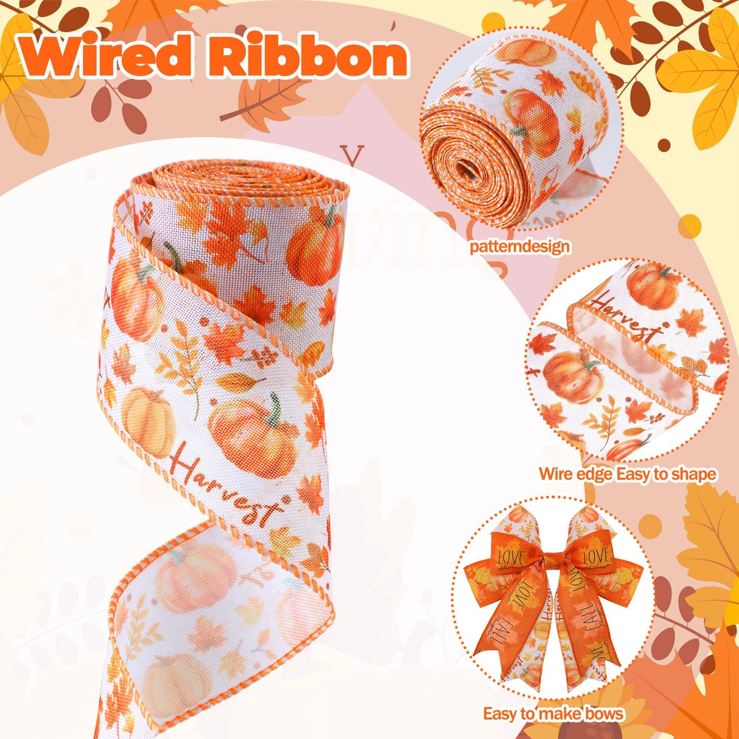Chunful 12 Rolls Halloween Fall Wired Edge Ribbon 2 Inch x 60 Yards Halloween Fall Ghosts Pumpkins Print Grosgrain Ribbon Orange for Wreath Gift Wrapping Hair Bow Sewing Party Supplies 12 Styles