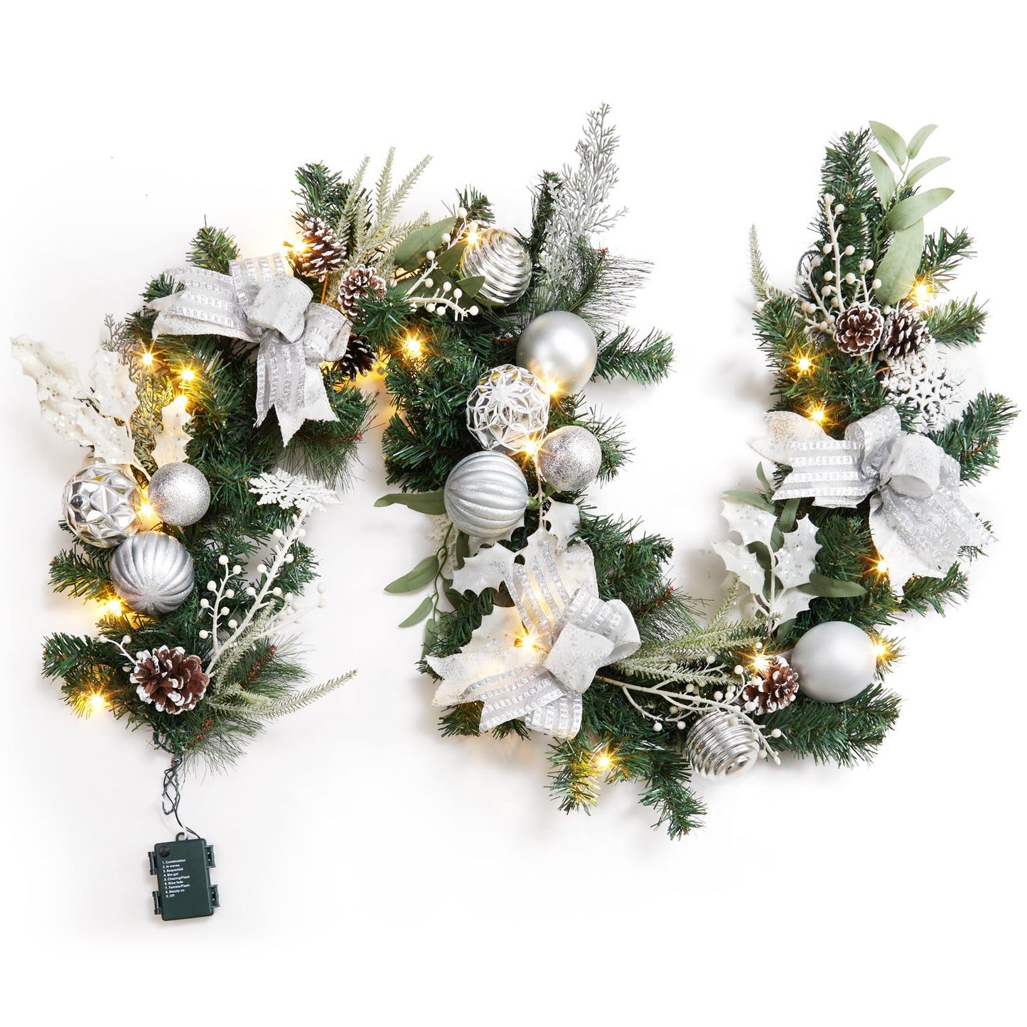 LinTimes 6 FT Pre-Lit Christmas Garland, Silver Lighted Xmas Garland with 20 LED Lights with Timer for Mantle Staircase Table, Winter Garland with Ribbon, Xmas Balls, Snowflake, Battery Operated