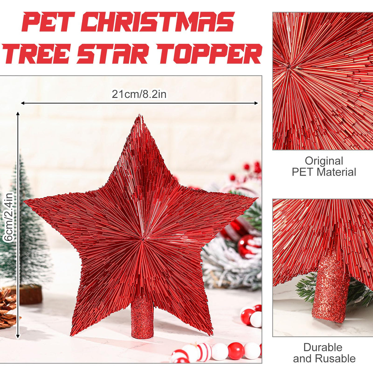 Threehoney 8.3 Inches Christmas Star Tree Topper Glitter Mini Sisal Star for Christmas Small Xmas Tree Top Decoration Ornament for Home Xmas Holiday Gift Decor(Red)