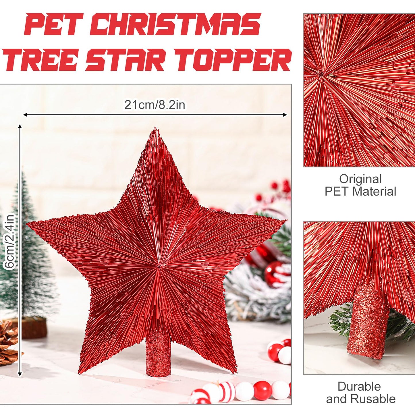 Threehoney 8.3 Inches Christmas Star Tree Topper Glitter Mini Sisal Star for Christmas Small Xmas Tree Top Decoration Ornament for Home Xmas Holiday Gift Decor(Red)