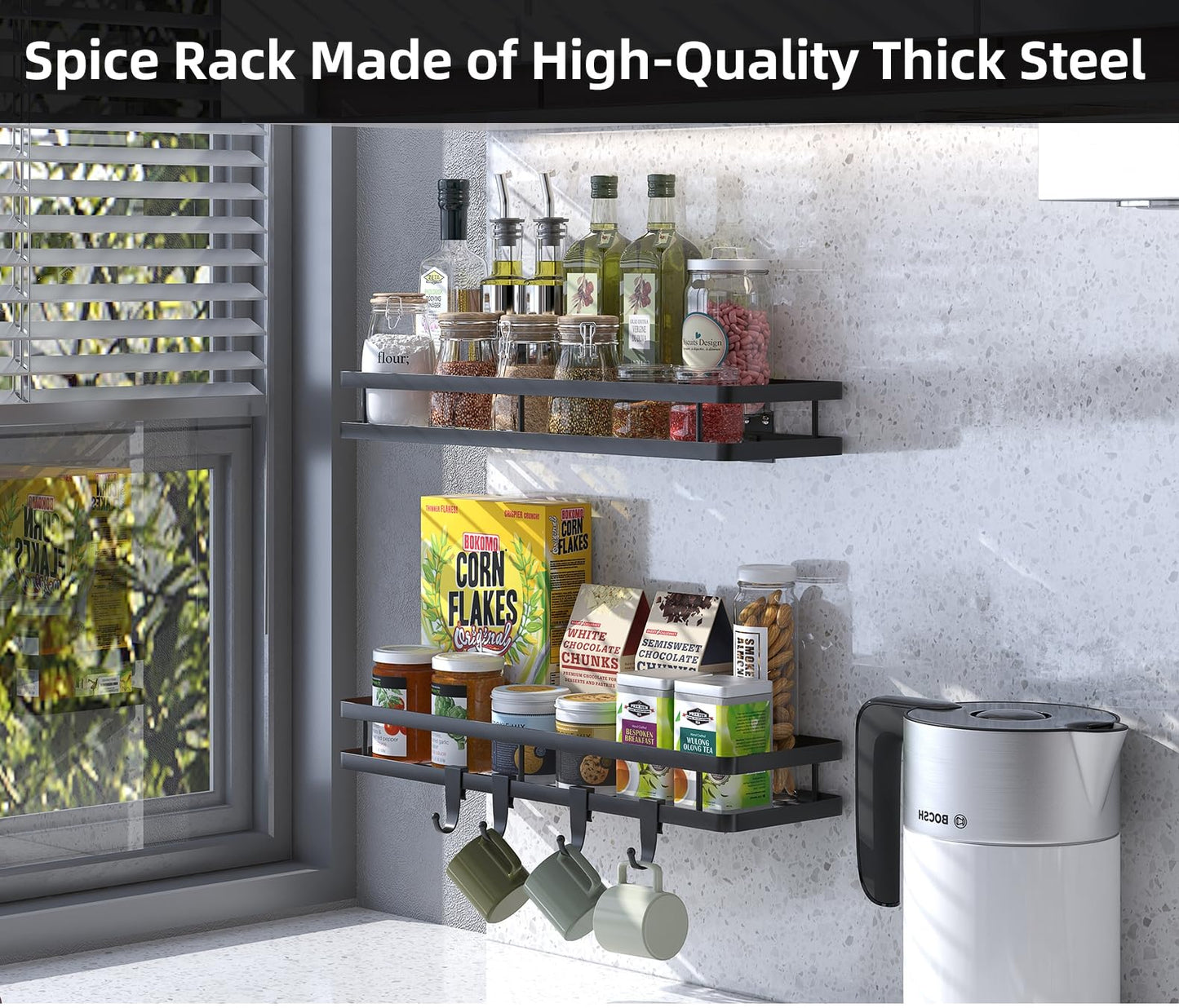 Spice Rack Organizer Wall Mount - 15.7in 2Pack [Upgraded Version] Hanging Seasoning Organizer Shelf with Paper Towel Holder, Storage for Cabinet or Wall Mounted with 4 Strong Hooks (Simple black)