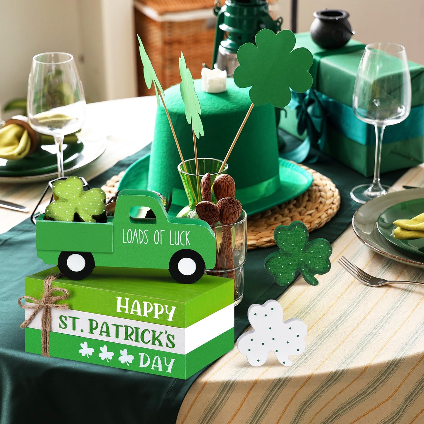 DoubleFill 7 Pcs St Patricks Day Decorations St Patricks Day Tiered Tray Decor Irish Wood Lucky Shamrock Table Centerpiece Decor 3 Faux Books Bundle with Twine Green Truck Sign for Bookshelf Home Gift