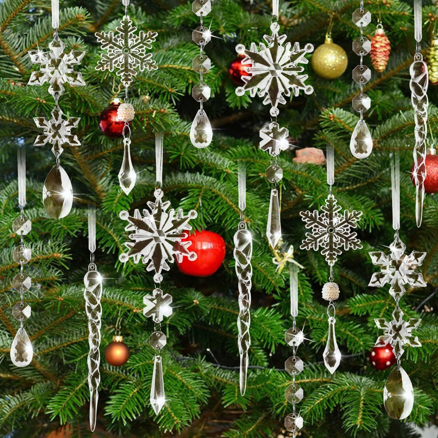 PPRAFDD 18PCS Clear Christmas Snowflake Icicle Hanging Ornaments Acrylic Crystal Christmas Tree Decorations with Drop Pendants for Xmas Winter Wonderland New Year Party Supplies