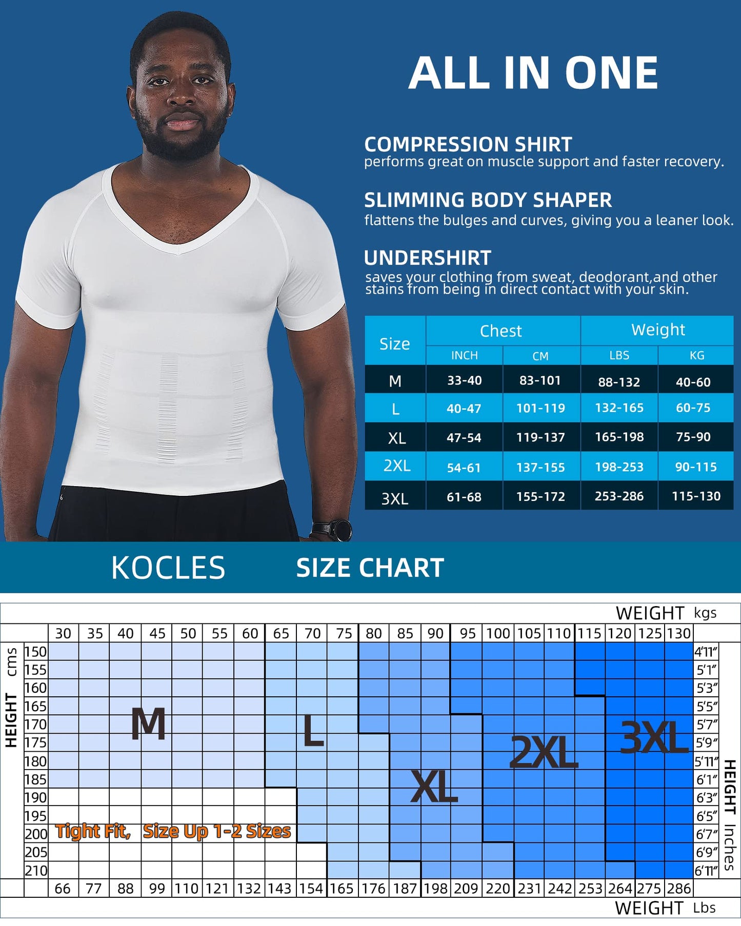 KOCLES Gynecomastia Compression Shirts for Men, Shapewear Slimming Body Shaper Undershirt, V-Neck Baselayer T-Shirt for Workout Sports, Fajas para Hombres (White, X-Large)