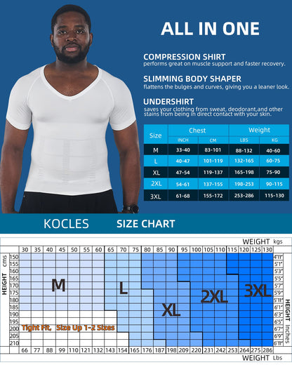 KOCLES Gynecomastia Compression Shirts for Men, Shapewear Slimming Body Shaper Undershirt, V-Neck Baselayer T-Shirt for Workout Sports, Fajas para Hombres (White, X-Large)