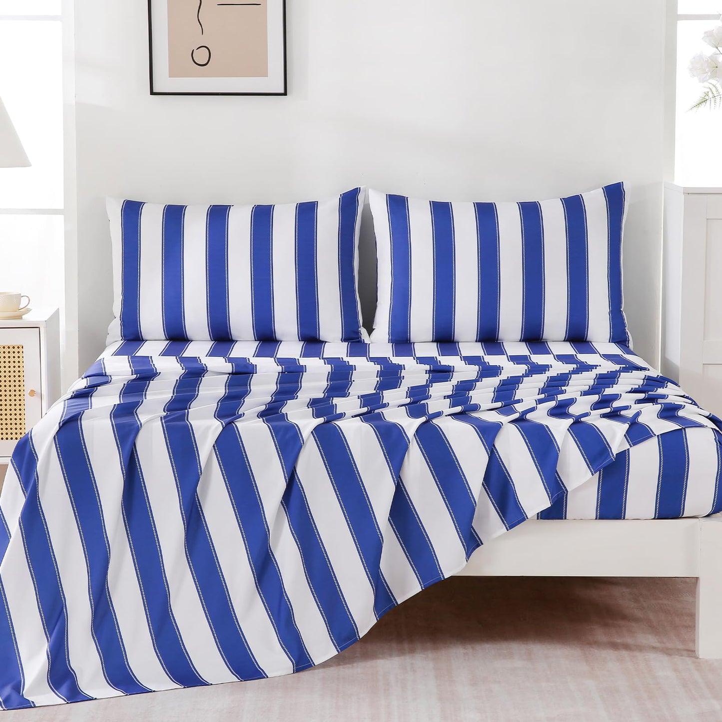 MCO 4Pieces Striped Sheets Set, Breathable Queen Sheet Set with 16" Deep Pocket,Modern & Luxury, Brushed Microfiber Bedding Set(Queen, Navy Blue)