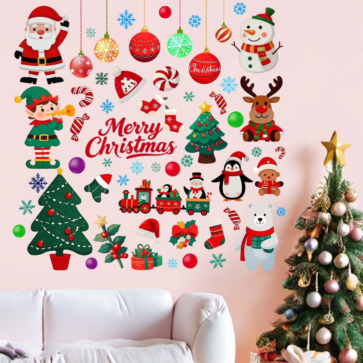 Christmas Santa Wall Decals for Kids: Festive Holiday Chrismas Tree Reindeer Wall Stickers for Indoor Home Decor - Living Room Kids Room Windows Door - Easy Peel and Stick Family Activity