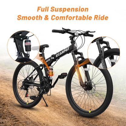 Ecarpat 26 Inch Folding Mountain Bike, 21 Speed Full Suspension High-Carbon Steel MTB, Dual Disc Brake Foldable Bicycle, Folding Bikes for Adults Men Women