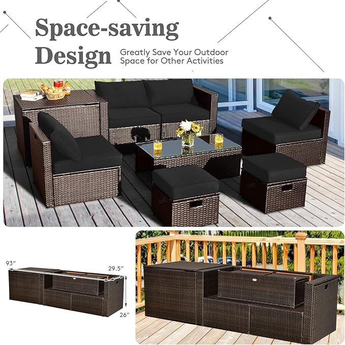 Tangkula 8 Piece Patio Furniture Set, Patiojoy Outdoor Space Saving PE Rattan