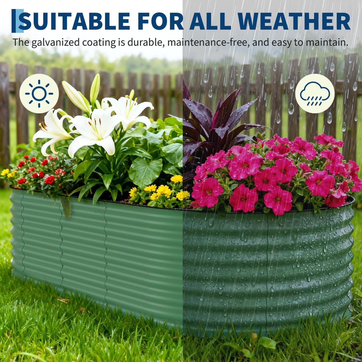 Garvee 8x4x1.5ft Galvanized Raised Garden Bed, Oval Metal Planter Box with Anti-Cut Safety Edges, 359 Gallons Rust-Resistant Deep Root Planter for Outdoor Vegetables, Flowers, Herbs, Green