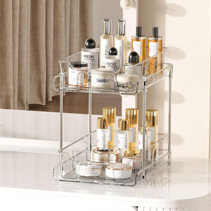 Vtopmart 4 Pack Bathroom Organizer, 2 Tier Clear Under Sink Organizers Vanity Countertop Storage Container,Cabinet Drawers Bins, Pull-Out Organization with Track for Pantry, Kitchen