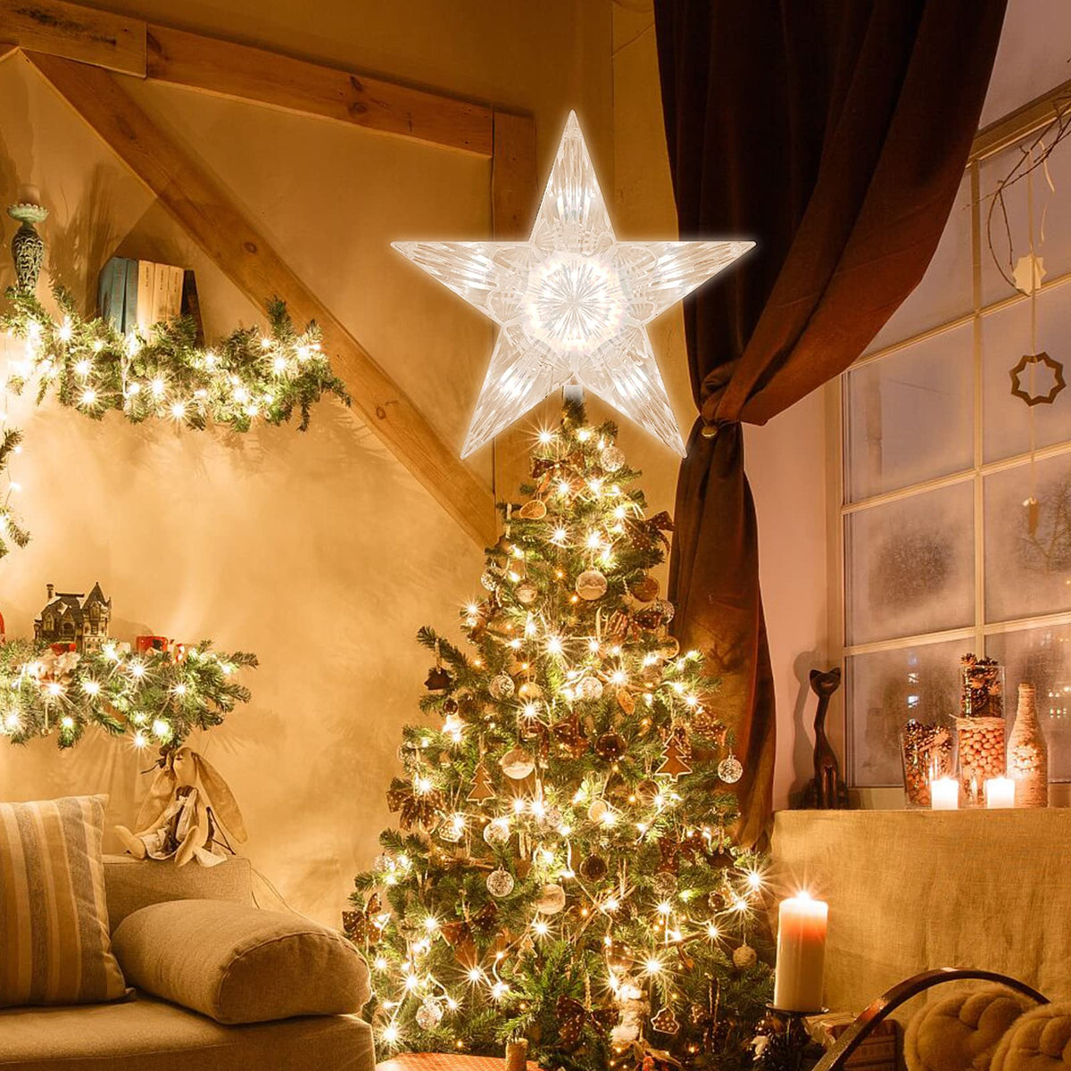 TWINGLEHOME 10 Lights 9 Inch Christmas Star Tree Topper, Christmas Tree Star Topper with Lights for Home Xmas Tree Decoration (Warm White)