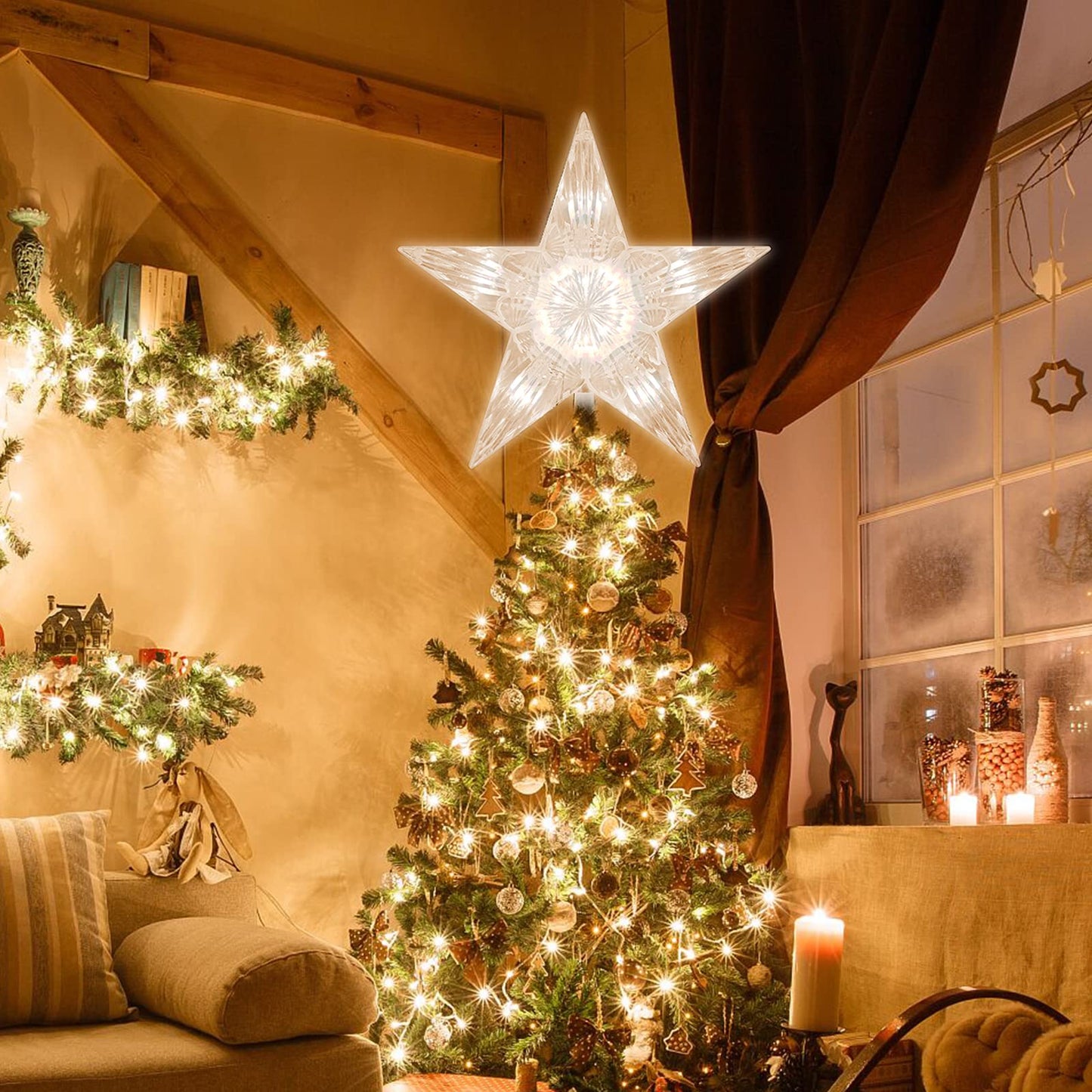 TWINGLEHOME 10 Lights 9 Inch Christmas Star Tree Topper, Christmas Tree Star Topper with Lights for Home Xmas Tree Decoration (Warm White)