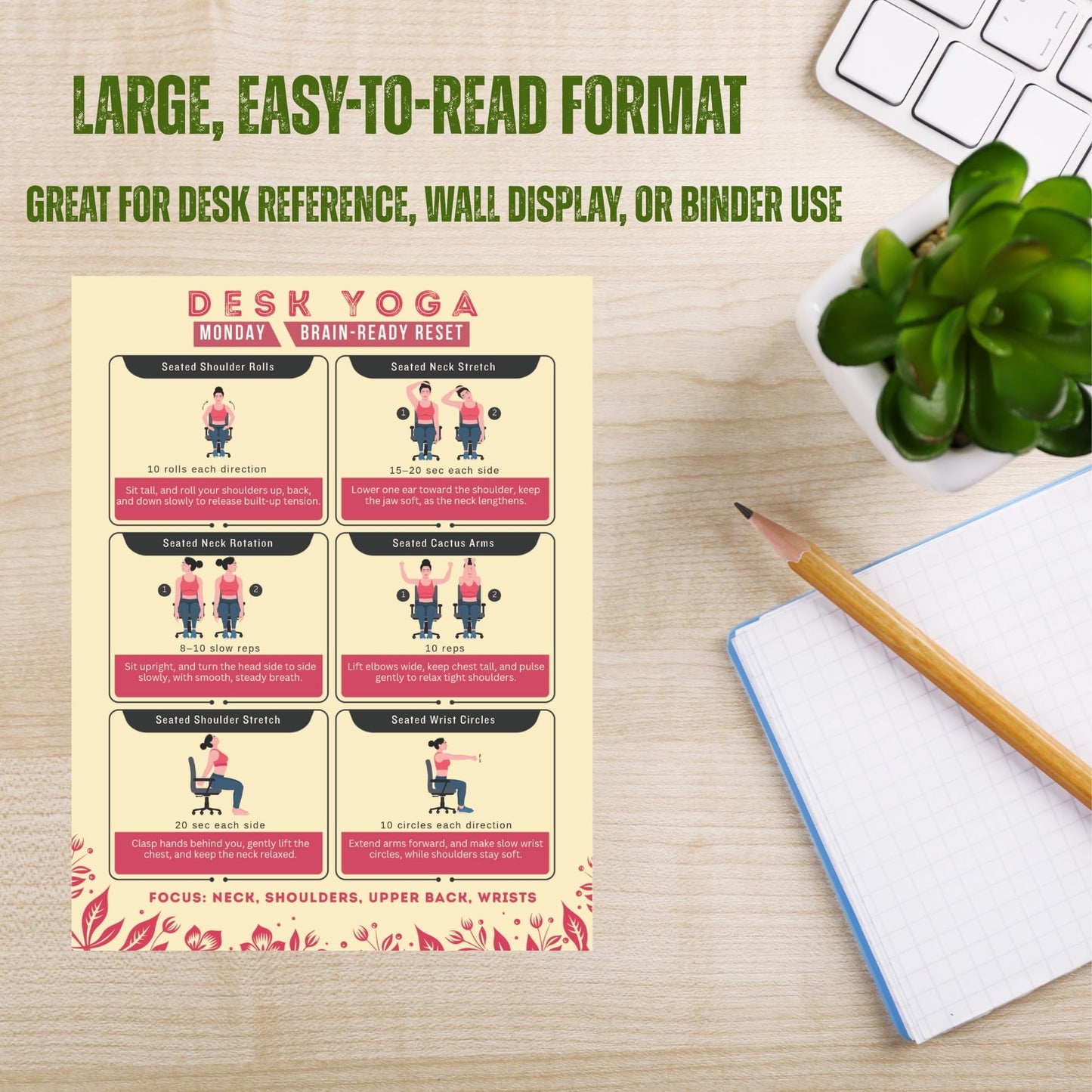 Auroscent Desk Yoga 7-Day Seated Stretching Routine – Chair Yoga Workout Charts, Office Exercise Program for Neck, Shoulders & Back, Daily Mobility & Stretch Guide for Home or Work
