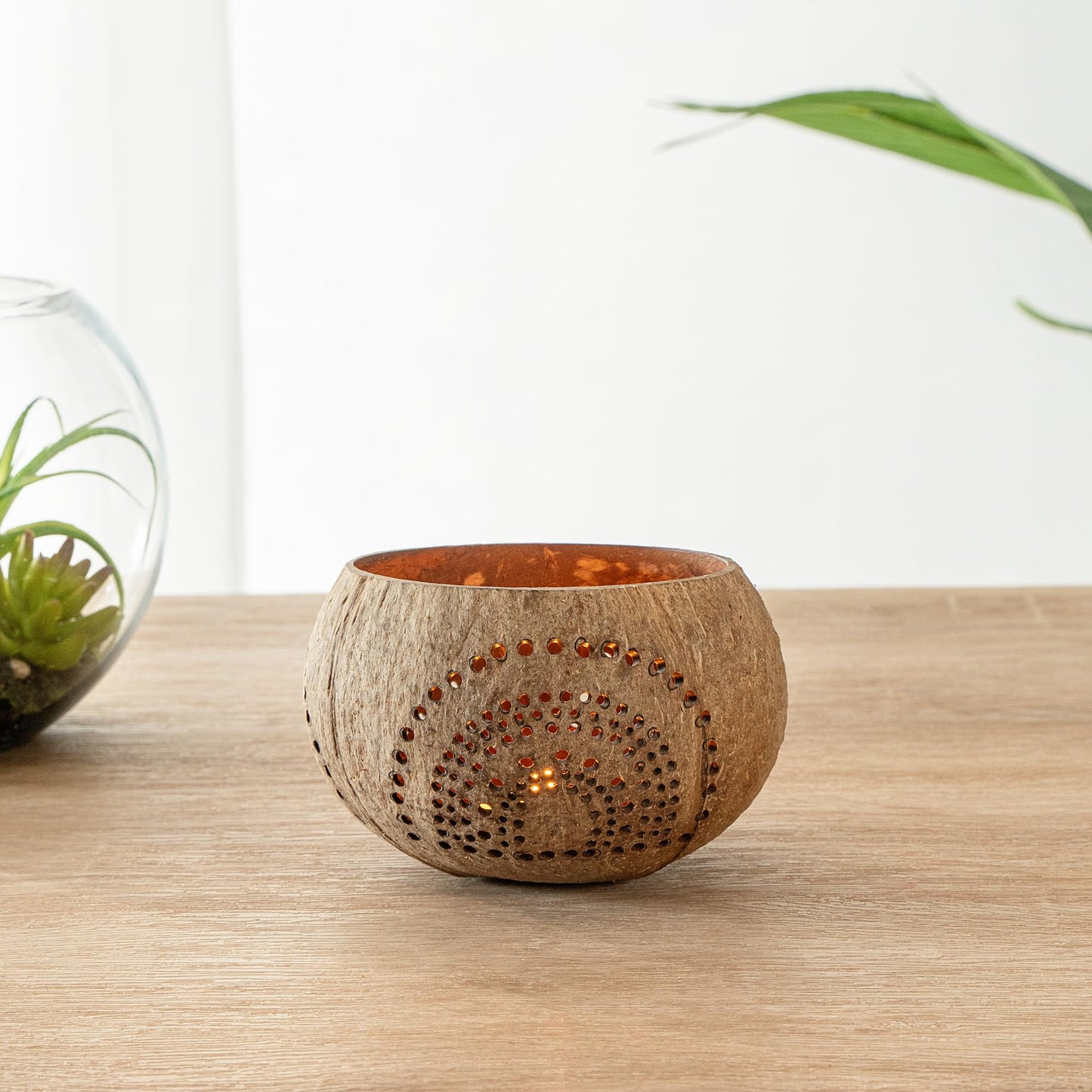 Restaurantware - Coco Casa 4 x 3.3 Inch Coconut Shell Candle Holders, 1 Reusable Tealight Candle Holders - Candle Not Included, Geometric Pattern, Tan Coconut Bowls for Candles, Handcrafted