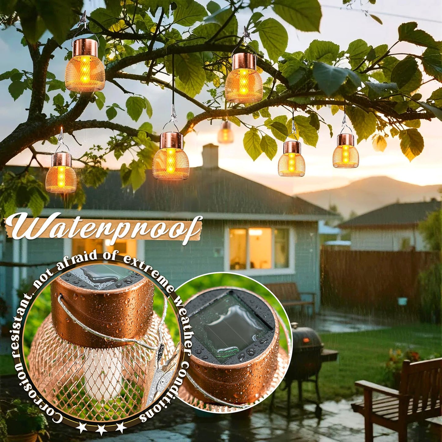 Anordsem Solar Hanging Lights Outdoor: 8 Metal Mesh Flame Lanterns with Clip - Waterproof LED Warm Lighting for Christmas Tree Yard Garden Decor - Xmas DIY Gift for Homeowners Camper