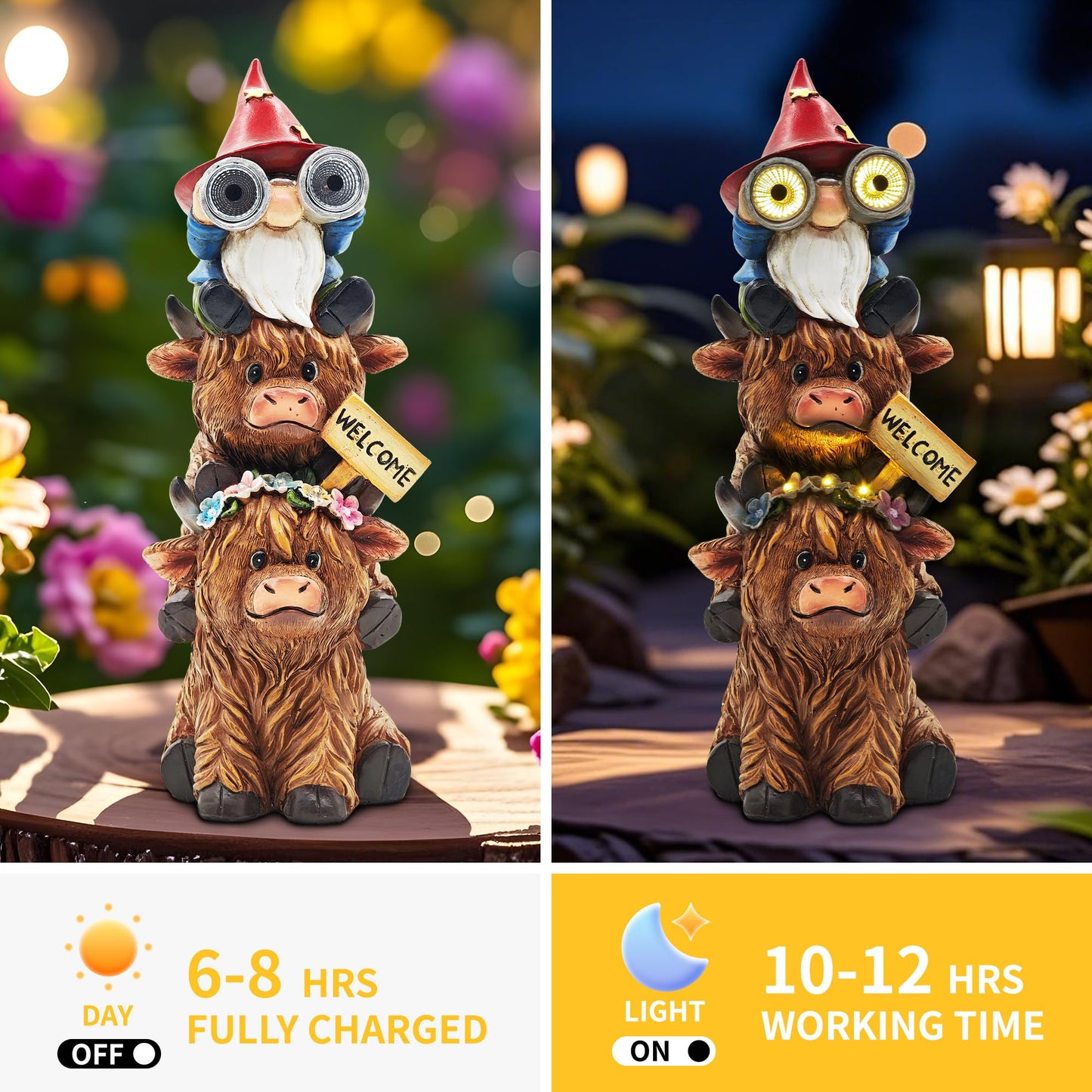 CFFOWNUG Garden Gnomes Outdoor Statue: 11'' Highland Cow Decor with Welcome Sign Funny Triple Yard Decorations with Solar Light Unique Birthday Gifts for Women Mother Grandma