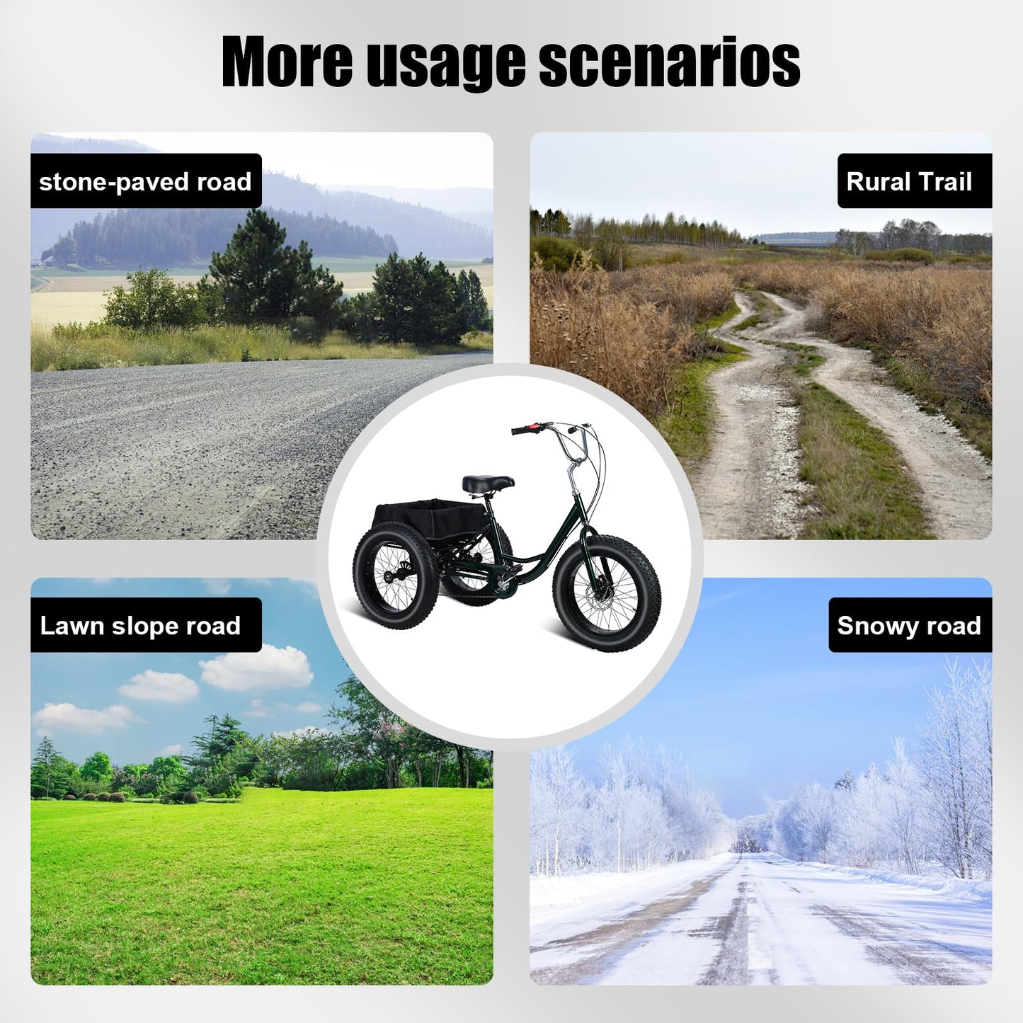 20 Inch Adult Tricycle 7 Speed, Fat Tire Trike Drift Tricycle with Double Disc Brake, High Carbon Steel 3 Wheel Bike for Seniors Adults 450 Lbs Capacity Shopping Basket Cruiser Bicycle (Black)