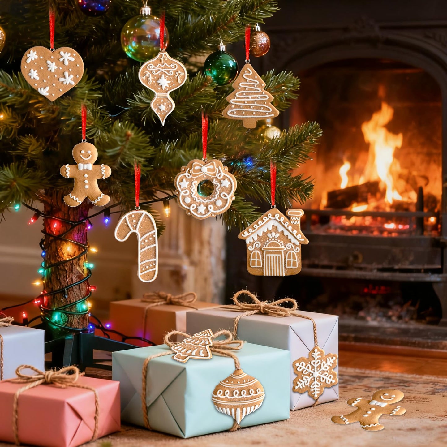 12 Pcs Gingerbread Cookie Ornaments, Funny Christmas Tree Cookie Decorations, Xmas Tree Snowflake Gingerbread Shaped Ornament for Xmas Winter Holiday Crafts Decor Indoor