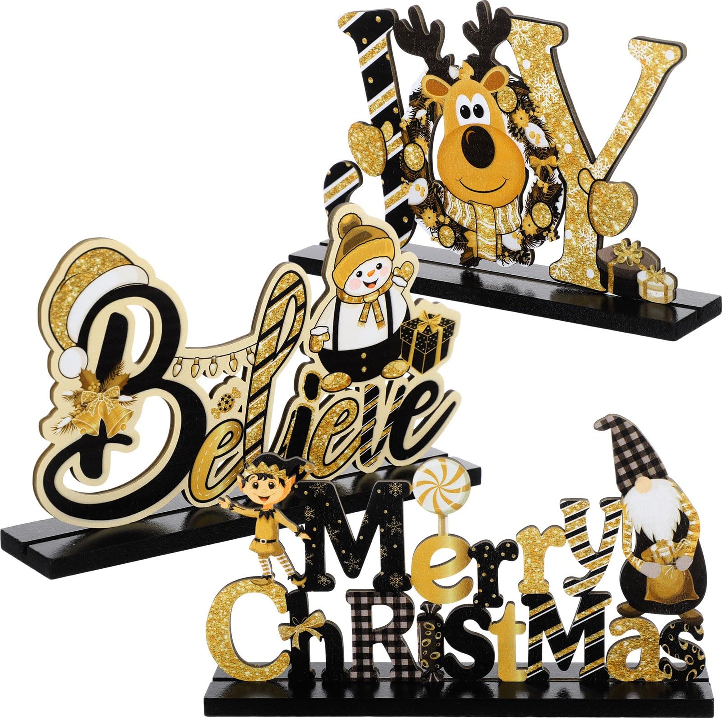 Blulu 3 Pcs Christmas Decorations Indoor Centerpieces for Tables Tabletop Wooden Sign Snowman Farmhouse Centerpieces for Christmas Xmas Holiday Party Indoor Decor(Gold)