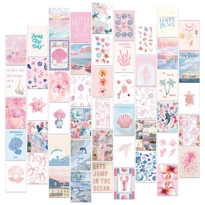 FYSUIMU 50Pcs Coastal Wall Collage Kit Pink Blue Coastal Beach Seashell Art Print Preppy Room Decor Aesthetic Pictures for Bedroom Wall Dorm Home Decor, 4 x 6 Inch