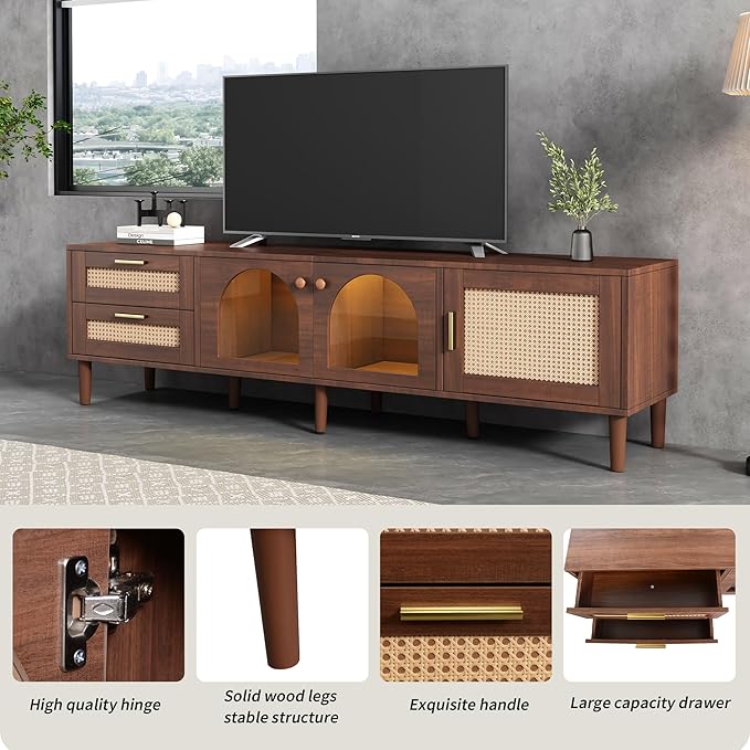 Merax Rattan TV Stand with LED Lights, Solid Wood Feet, Living Room, Bedroom