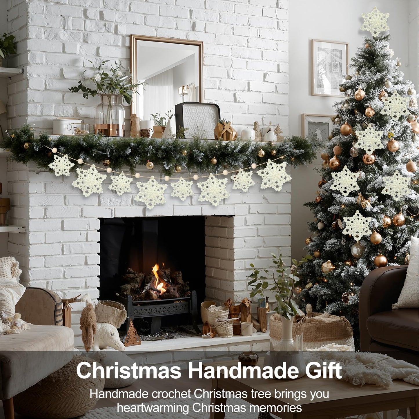 Tudomro Christmas Crochet Snowflake Garland 6.56ft Rustic Handmade Xmas Banner Snowflake Wooden Beads Farmhouse Hanging Decor for Mantel Fireplace Home Room Wall Window Door Gift