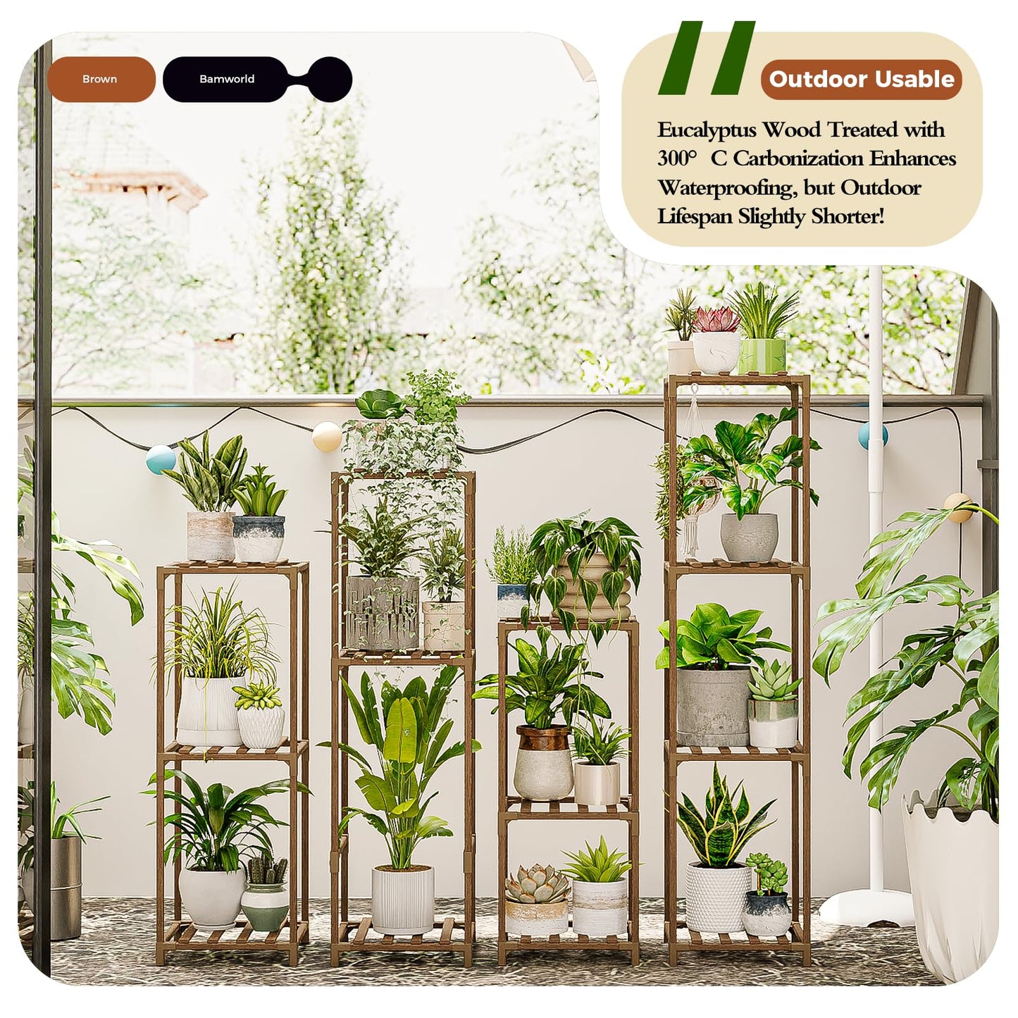 Bamworld Tall Plant Stands Indoor 4 Sets Plant Shelves Outdoor Wooden Plant Holder for Multiple Plants Flower Stands for Living Room Balcony Garden Patio Lawn Window