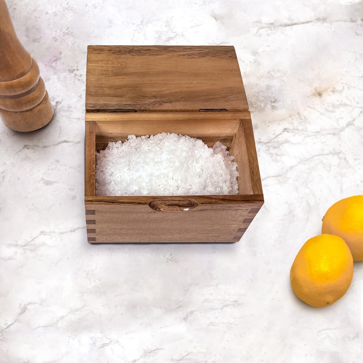 Itomoyo Acacia Wood Salt Cellar with Flip Lid, 20 oz Large Salt Box for Kitchen Counter, Salt Keeper for Gourmet Salts, Spices and Seasonings