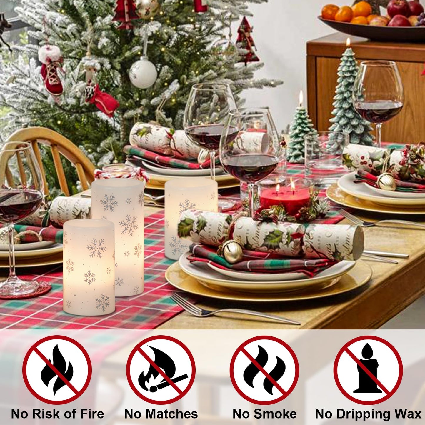 Eldnacele Christmas Flickering Flameless Candles with 6 Hour Timer, Silver Snowflake Decal Battery Operated Real Wax LED Pillar Candles Home Tabletop Holiday Decor(3Pcs,3×4/5/6 Inches)