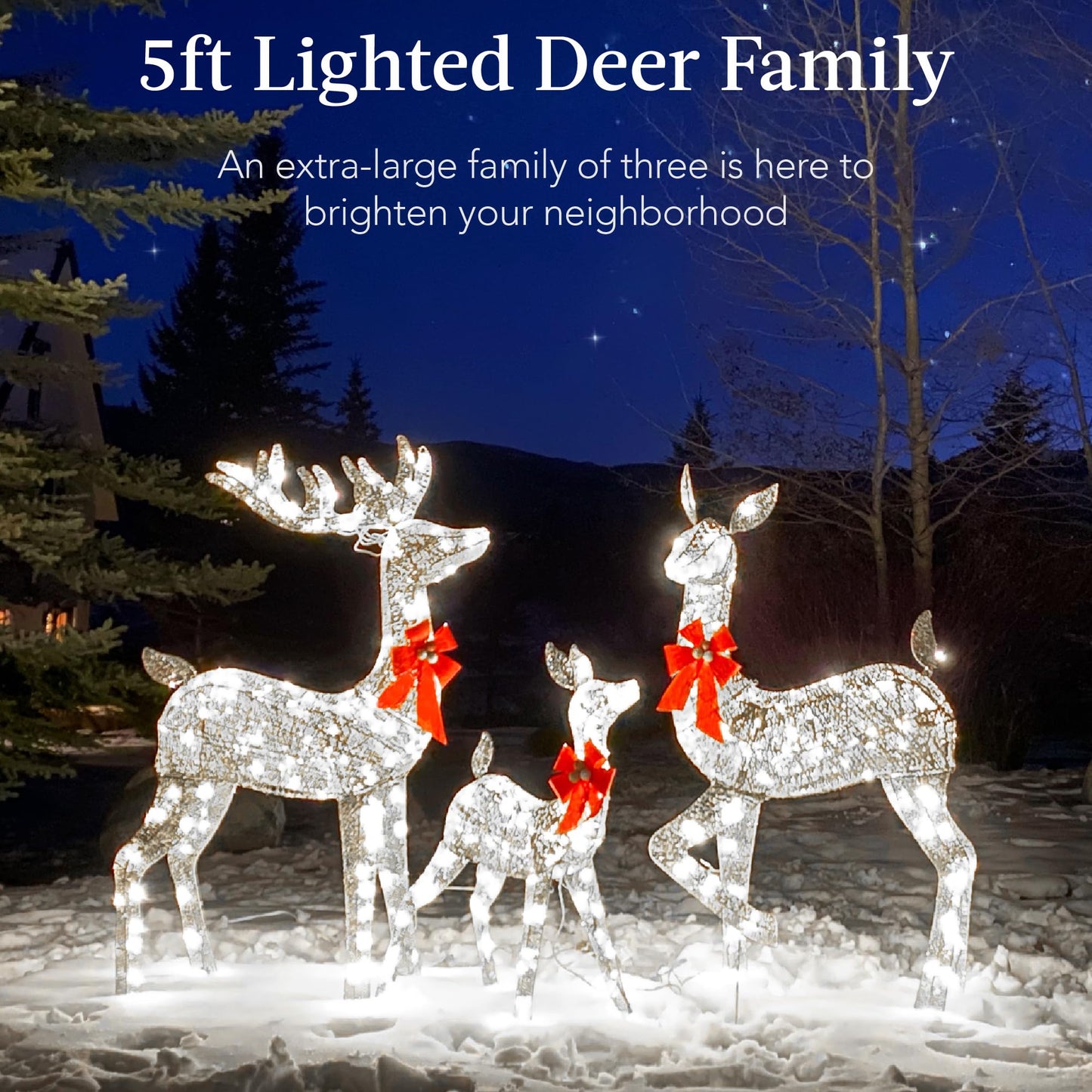 Best Choice Products 3-Piece Large Lighted Christmas Deer Family Set 5Ft Outdoor Yard Decoration with 360 LED Lights, Stakes, Zip Ties - Silver