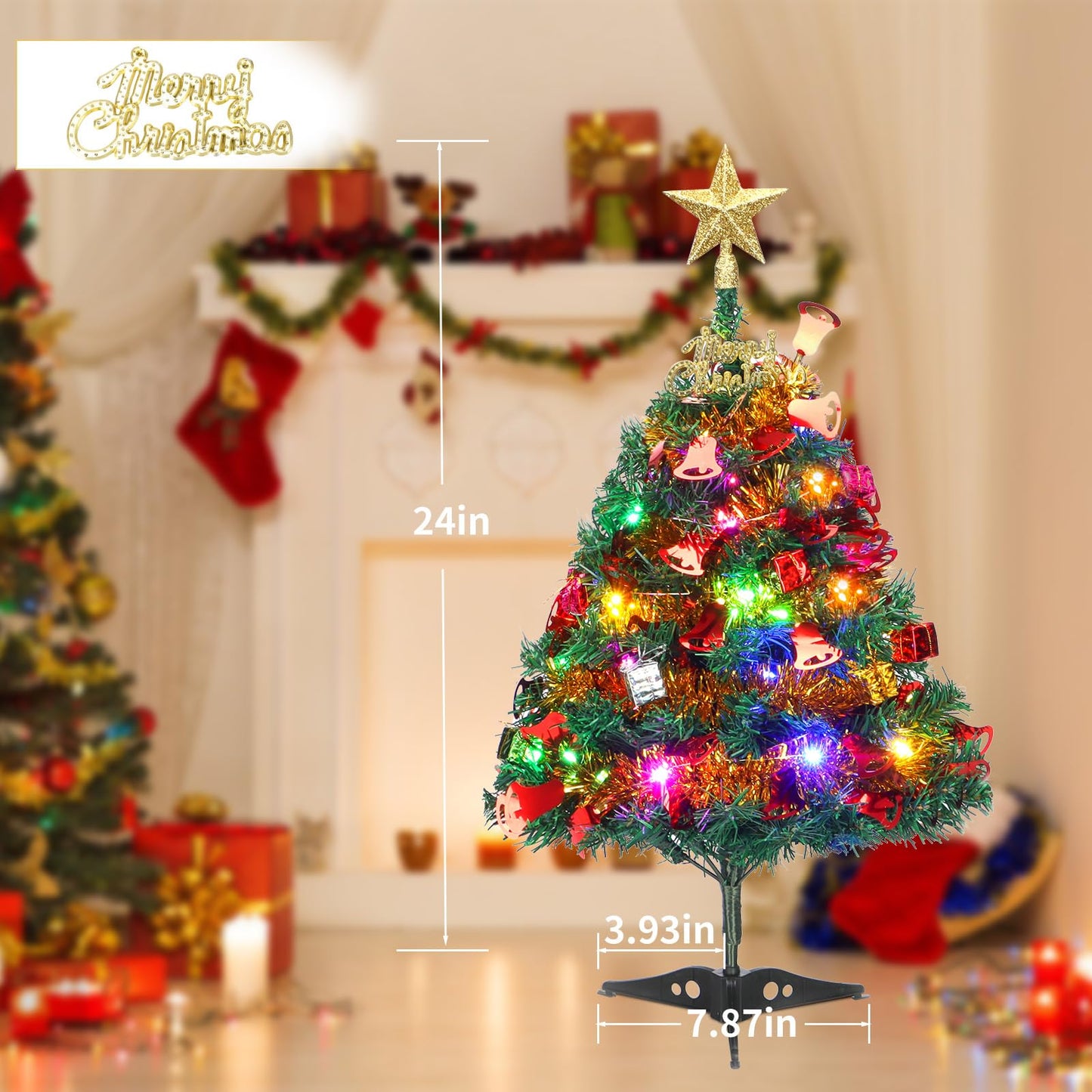 Mini Christmas Tree, 2ft Tabletop Small Christmas Tree with Lights, Hanging Ornaments and Star Treetop, Xmas Decoration Tree Decor