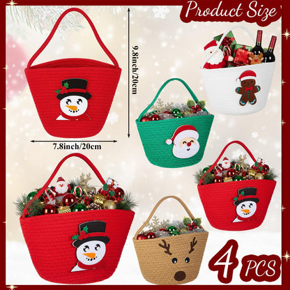 Sliner 4 pcs Christmas Woven Basket Empty for Gifts Woven Cotton Rope Basket with Christmas Xmas Decoration Storage with Handle for Baby Showers Snack Storage Xmas Decor Party Supplies Gifts
