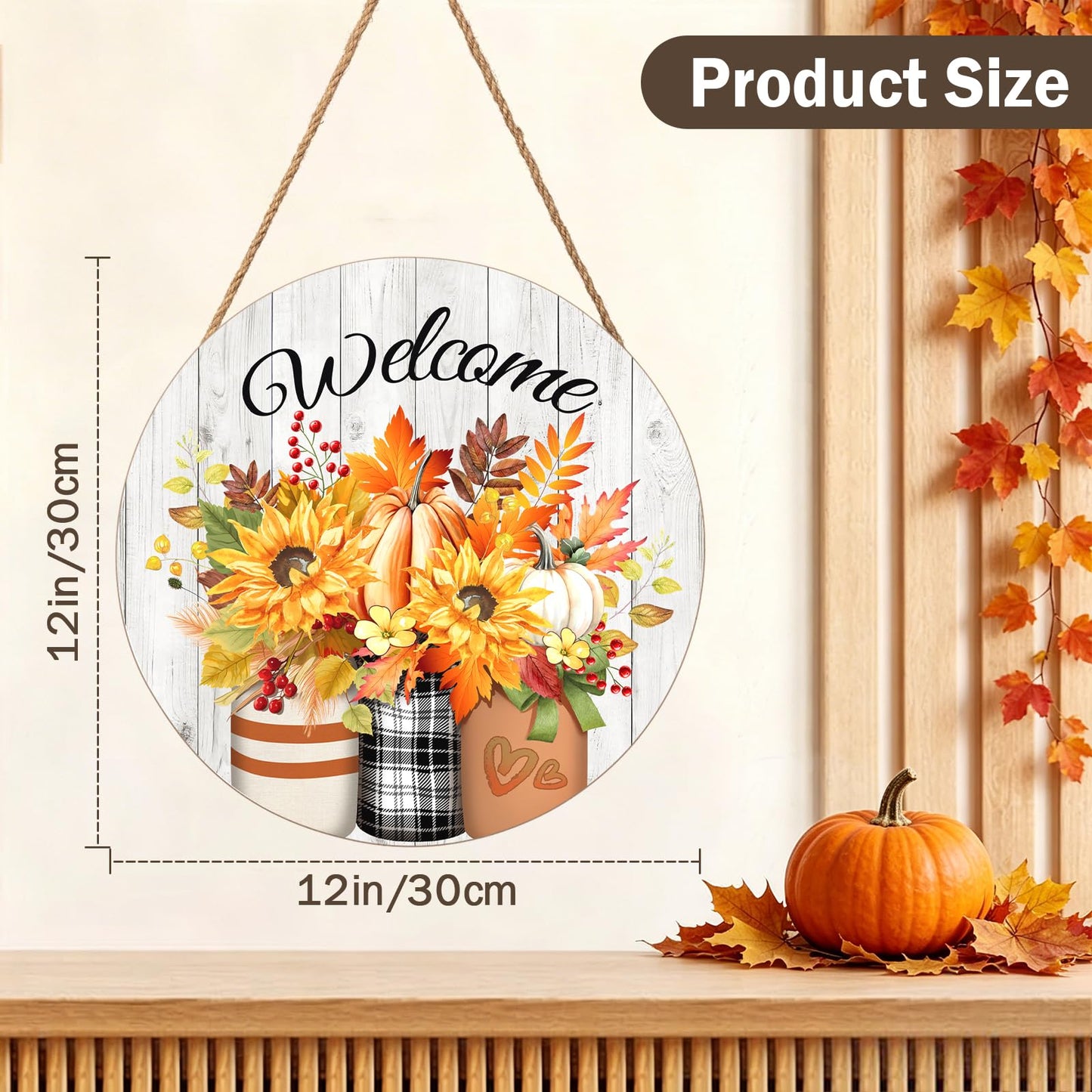 Harooni Fall Welcome Sign Door Sign 12"x12" Rustic Fall Decorations Hanging Door Sign Thanksgiving Farmhouse Welcome Round Wooden Sign for Home Front Door Wall Porch Yard Garden