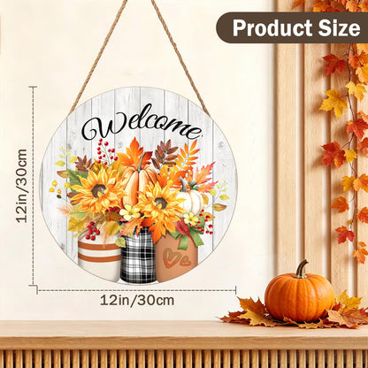 Harooni Fall Welcome Sign Door Sign 12"x12" Rustic Fall Decorations Hanging Door Sign Thanksgiving Farmhouse Welcome Round Wooden Sign for Home Front Door Wall Porch Yard Garden