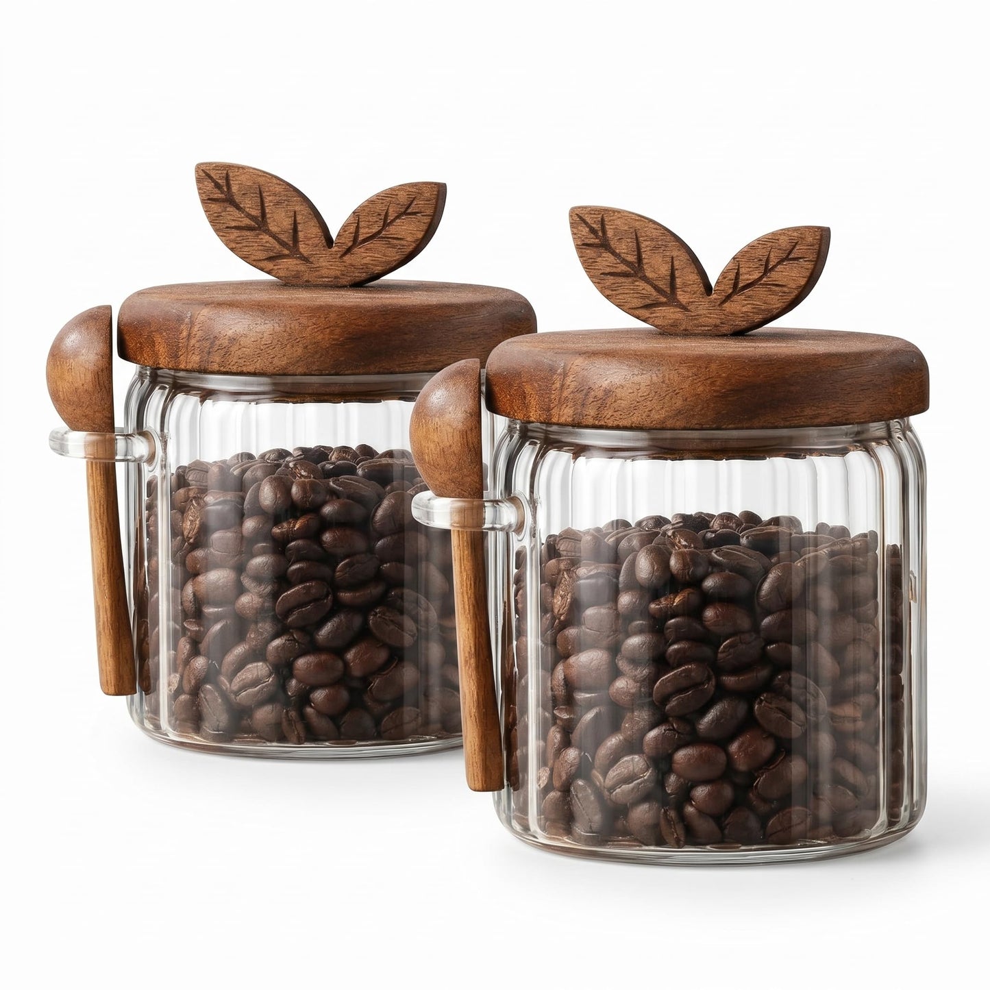 Splotiva Glass Coffee Canister with Wooden Lid & Spoon, Airtight Food Storage Jar for Coffee, Sugar, Salt, Tea & Snacks (17floz x 2)