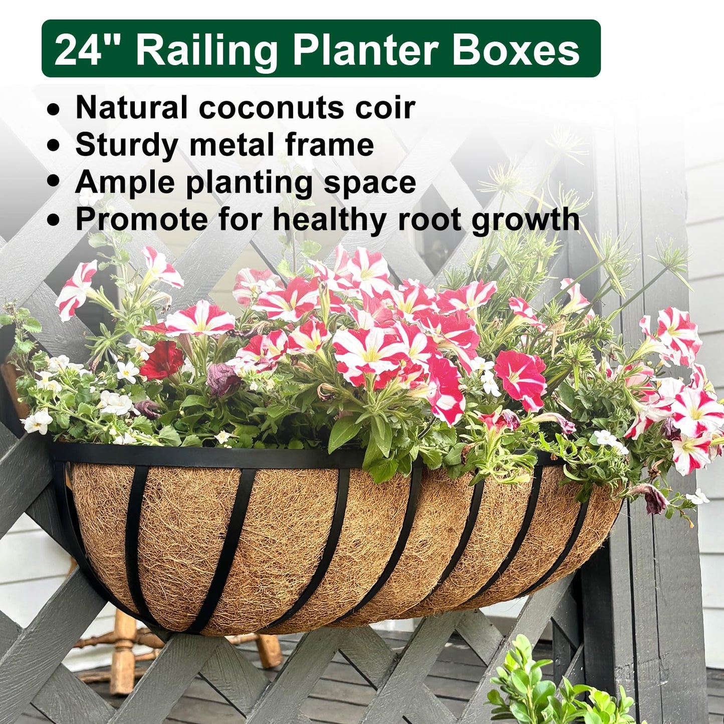 DUNCHATY 24 Inch Railing Planter 2 Pack - Adjustable Metal Window Box Planter with Coco Liner for Deck Balcony Porch Fence - Outdoor Hanging Flower Basket for Herbs & Flowers